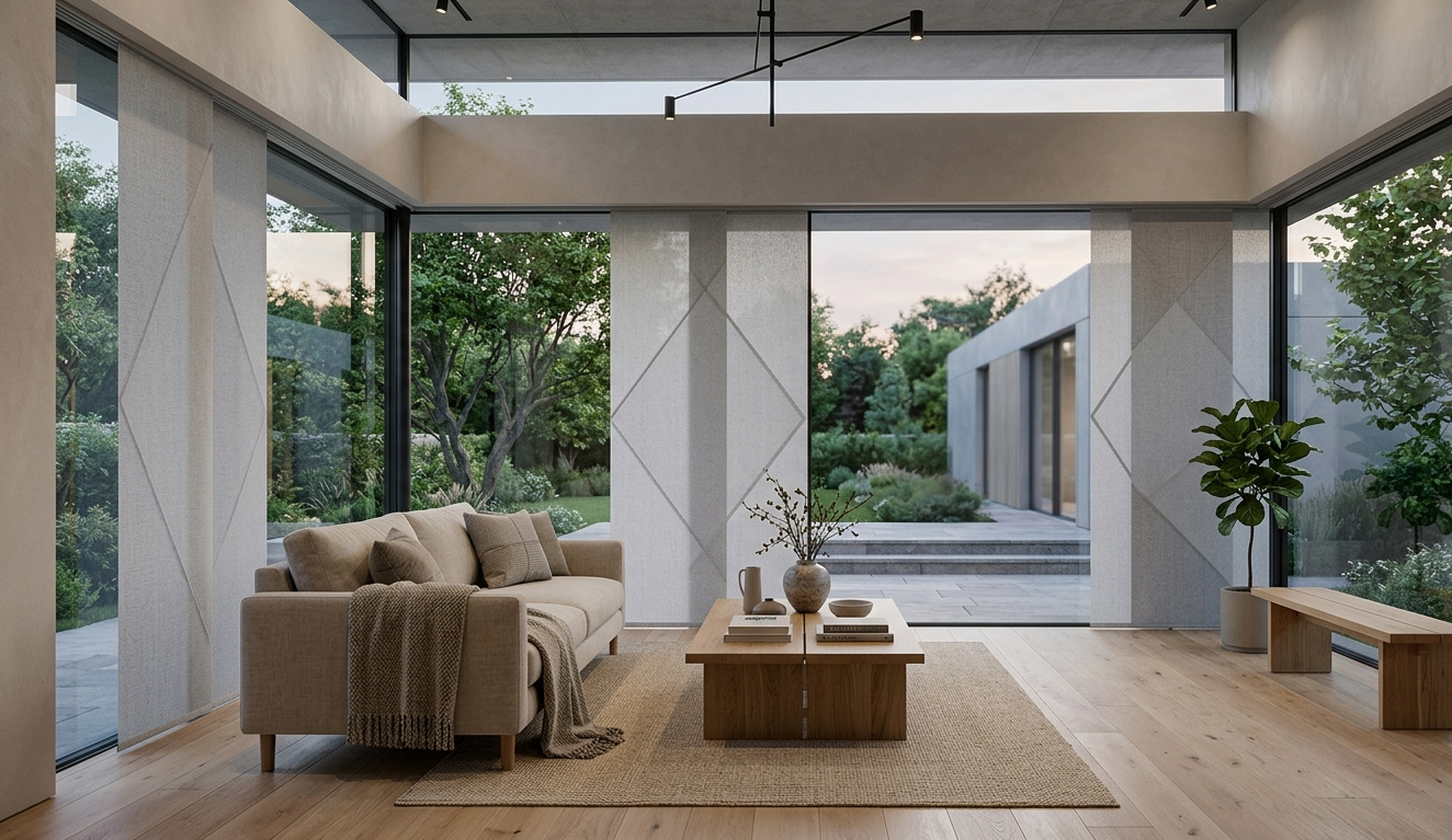 Modern living room with sliding panel shades, large floor-to-ceiling windows, minimalist interior design, and soft filtered daylight.