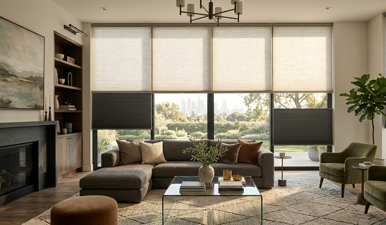 Modern living room with top down bottom up cellular shades, energy efficient window coverings, natural light control, and contemporary interior design.