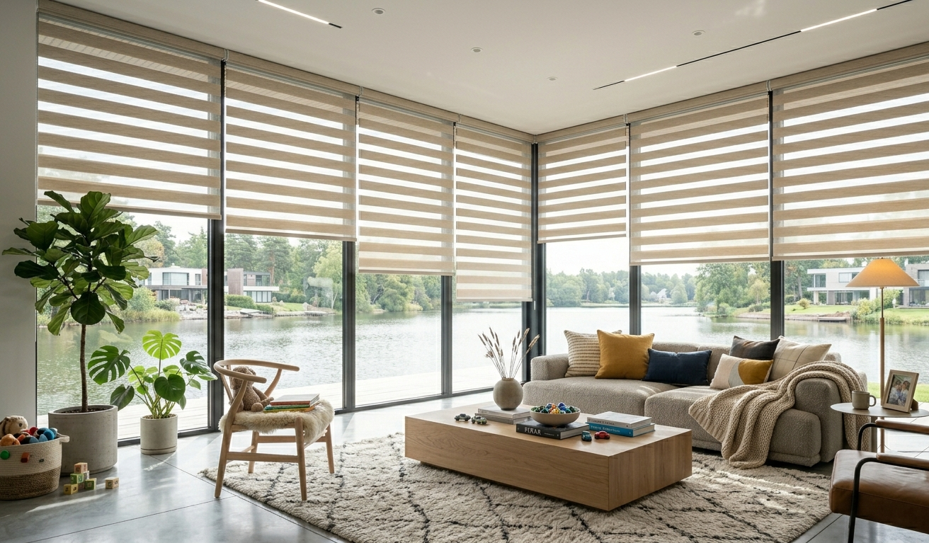 Modern living room with zebra roller shades on large windows overlooking a peaceful lakefront setting.