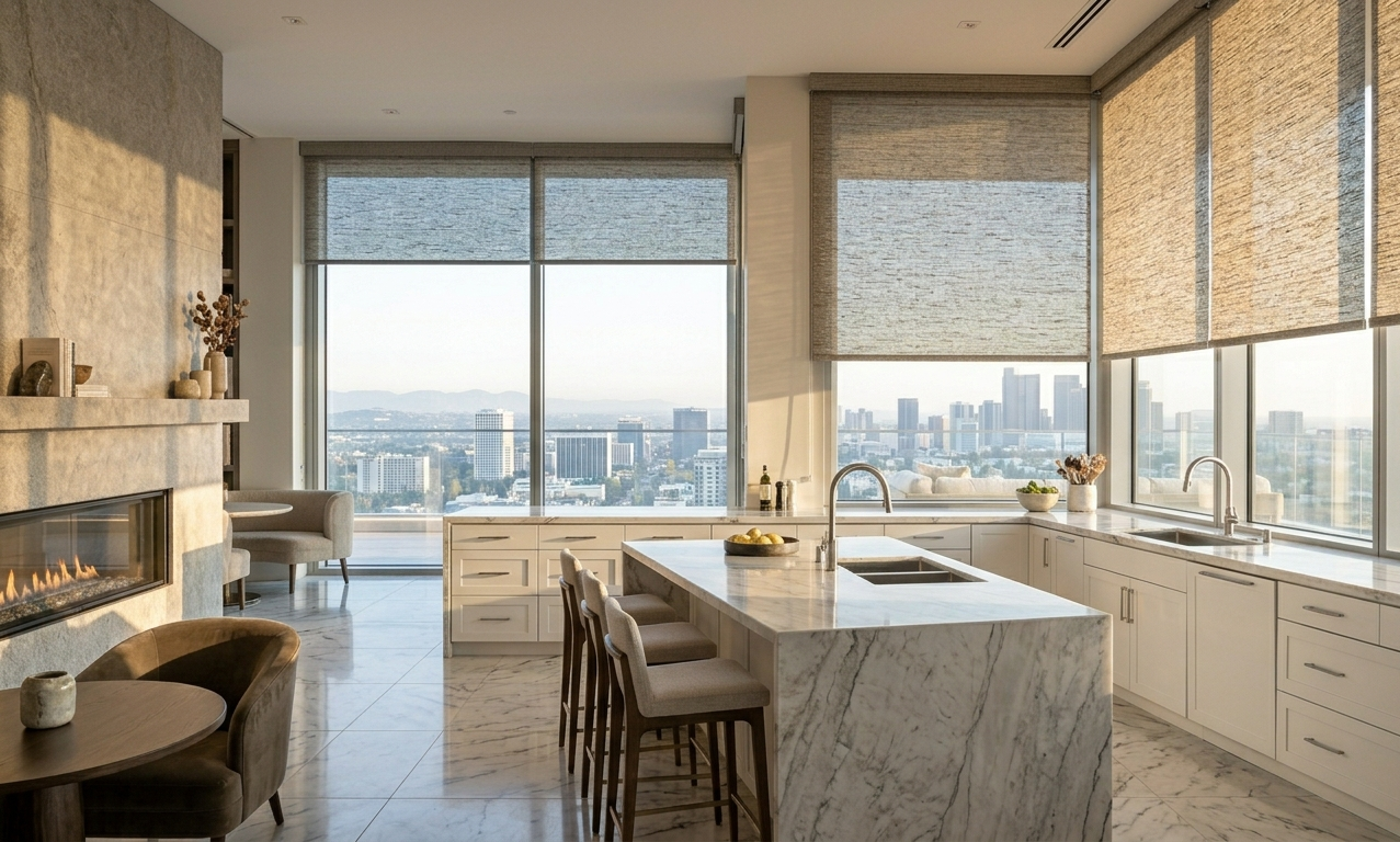 Luxury modern kitchen featuring solar roller shades, marble island countertops, floor-to-ceiling windows, and panoramic city skyline views with natural light filtering indoors.