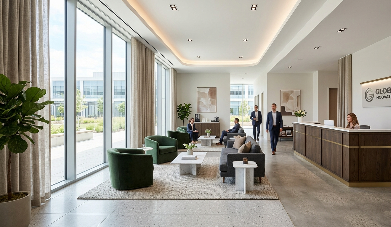 Modern office lobby featuring custom drapes on large floor-to-ceiling windows with natural light and contemporary commercial interior design.