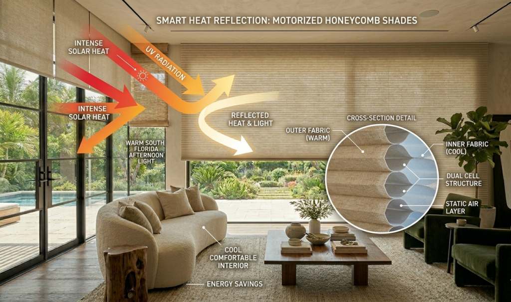 Infographic showing motorized honeycomb cellular shades reflecting solar heat and UV rays in a modern living room for energy-efficient window insulation.
