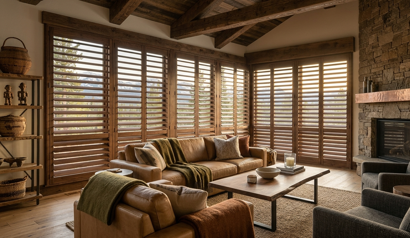 Rustic living room featuring stained wood plantation shutters on large windows with warm natural light and mountain home interior design.