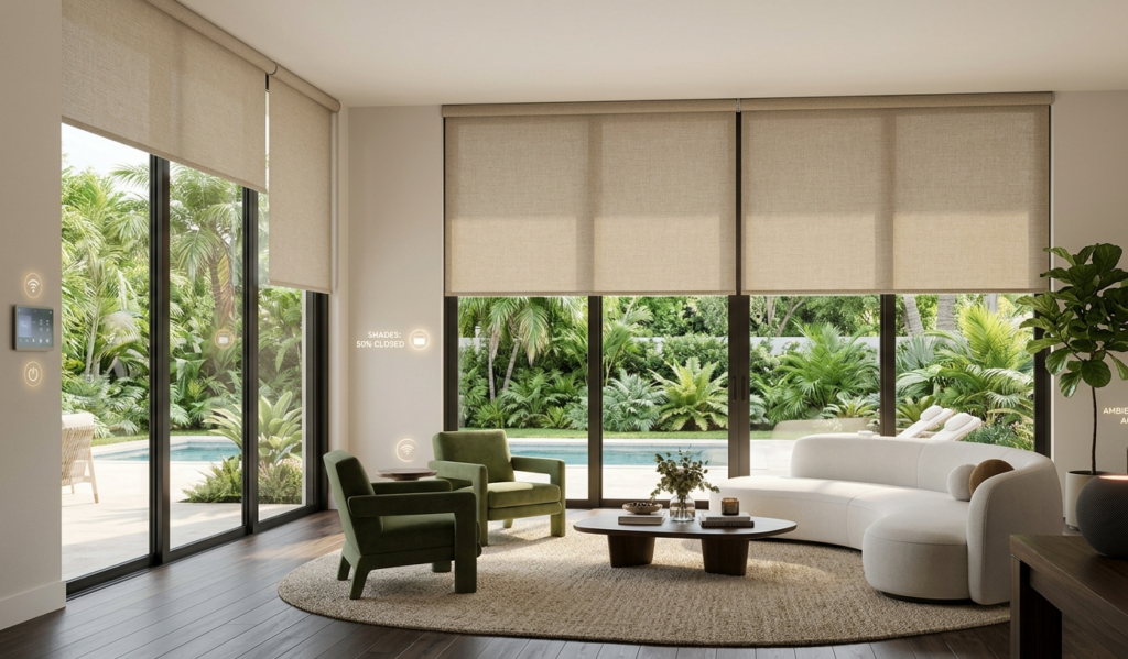 Modern living room featuring smart motorized roller shades with automated light control and energy-efficient window treatments in a luxury home.