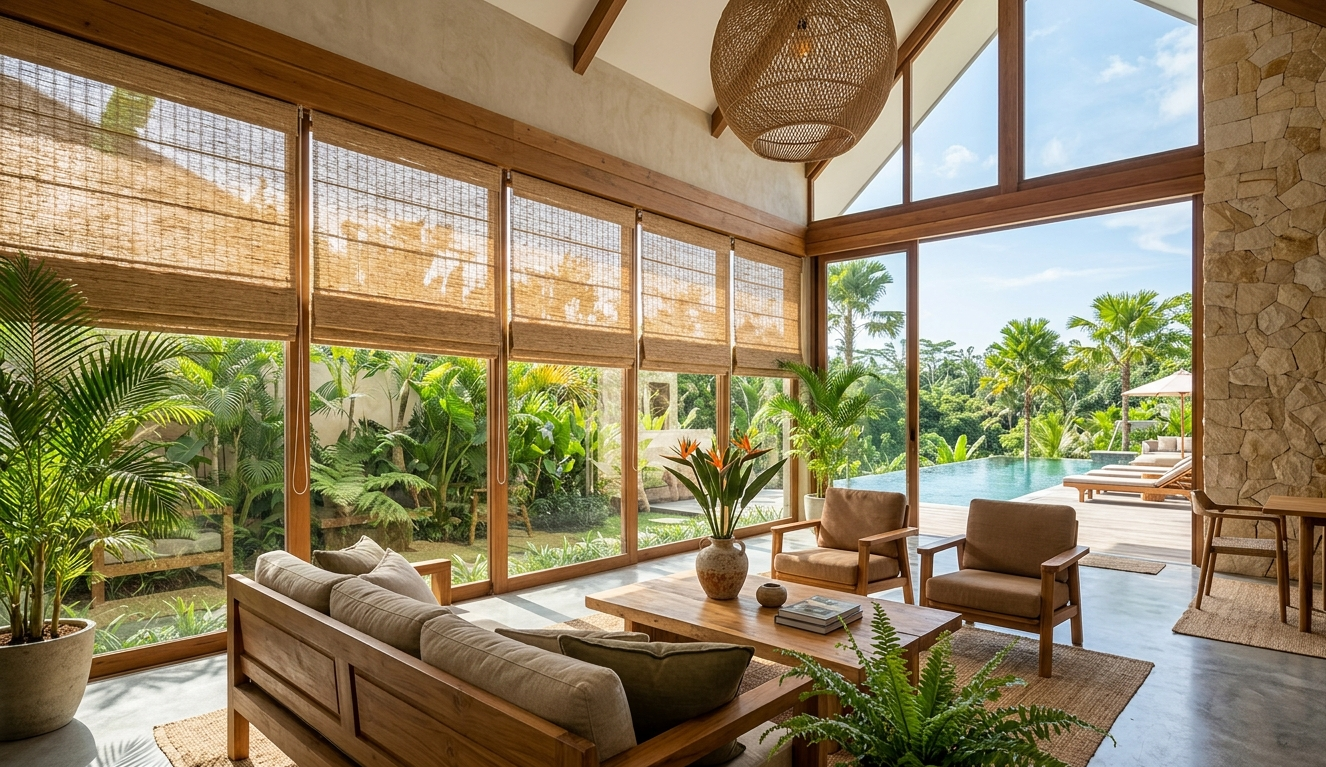 Tropical luxury living room with woven bamboo shades, floor-to-ceiling windows, natural sunlight, indoor outdoor living design, and modern resort-style decor.