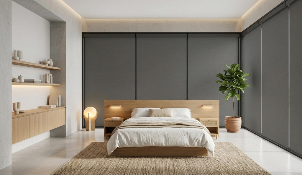 Roller shades vs curtains comparison in a modern South Florida living room — Blinds and Shades Industry Corps