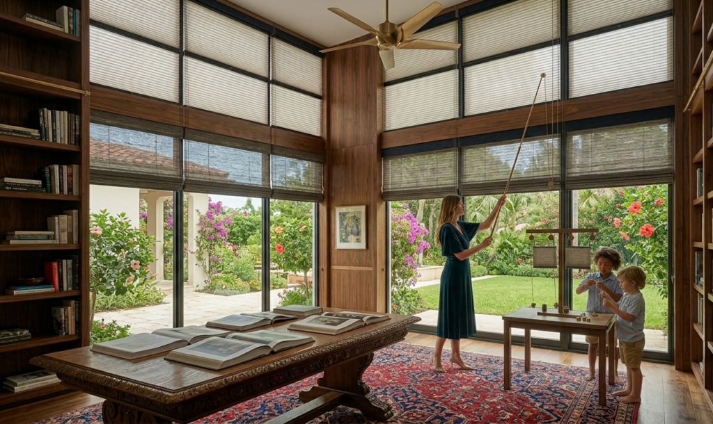 Layered window treatment combining roller shades and sheer curtains on a living room window — Blinds and Shades Industry Corps