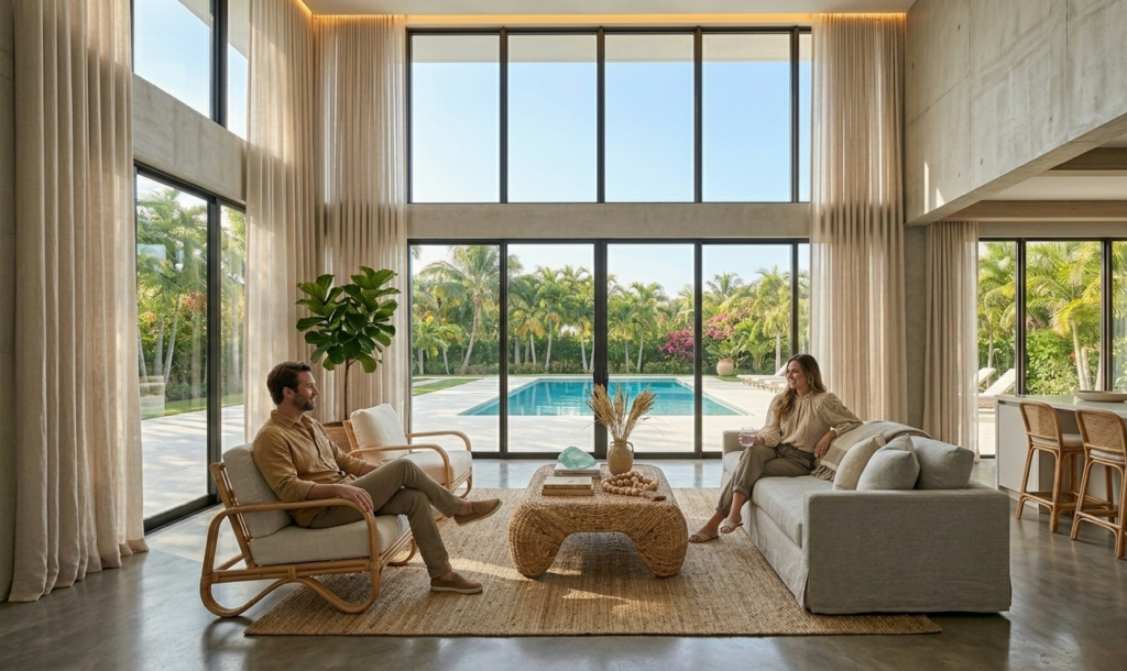 Soft linen curtains hanging beside a bright window in a warm Florida home interior