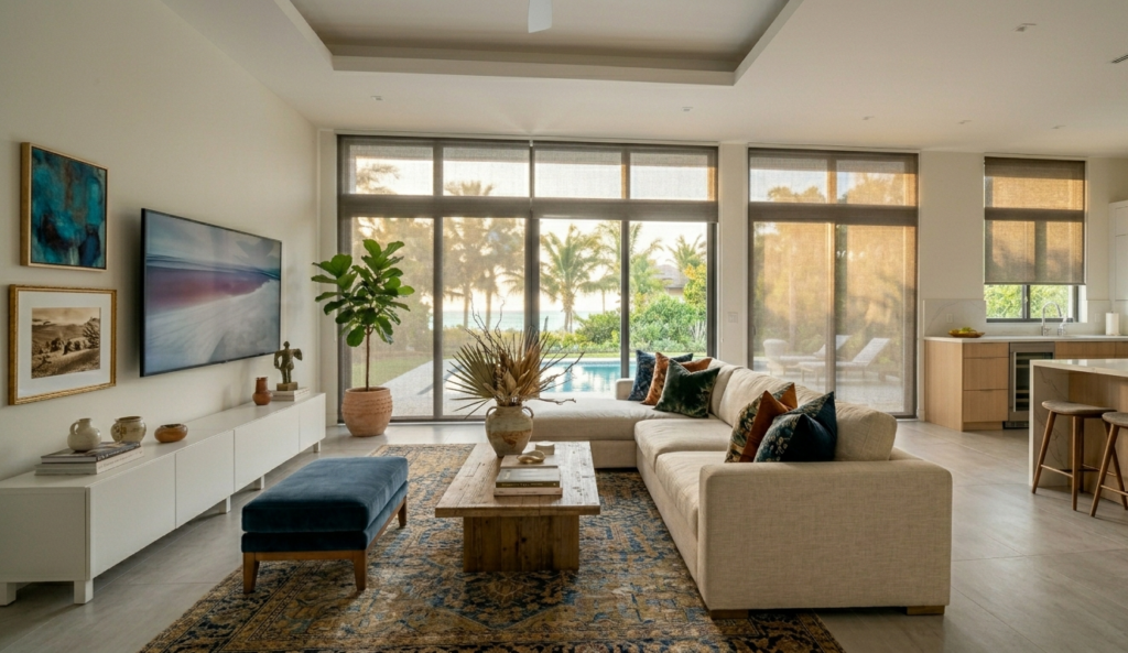 Solar shades filtering intense afternoon sunlight on large south-facing windows in a South Florida home