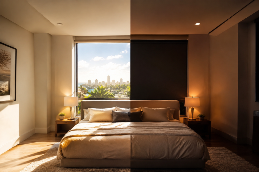 Split image showing bedroom with and without blackout roller shades — light gap vs complete darkness