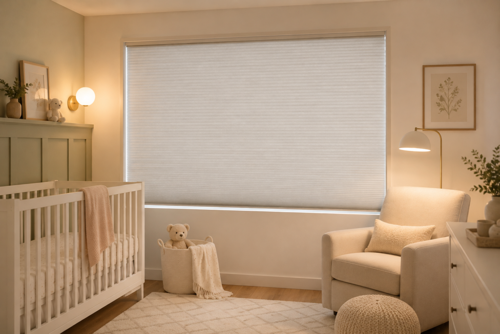 Cordless blackout cellular shades installed in a South Florida nursery with zero visible cords — shadesind.com
